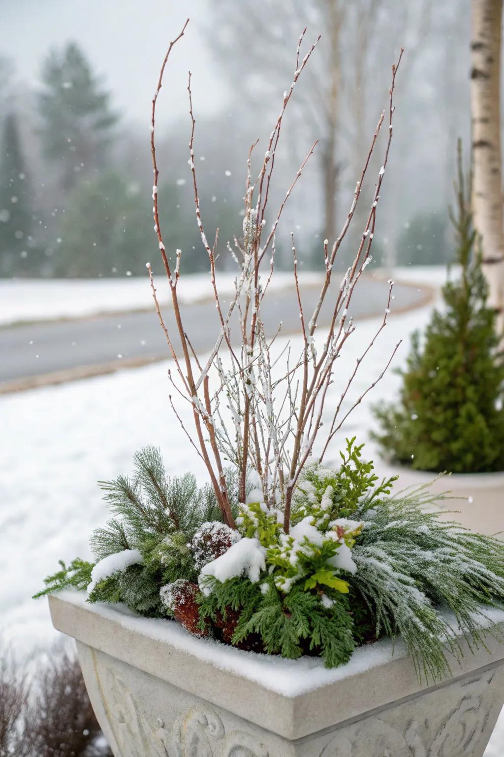 Pale accents evoke striking contrast within winter arrangements.