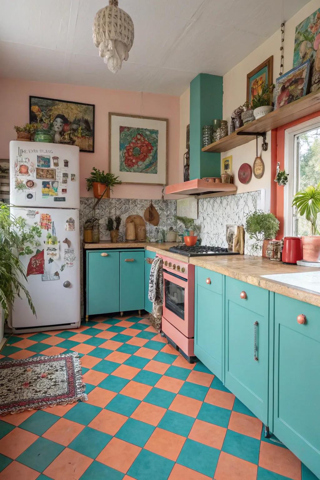 Checkerboard patterns with novelty extend playful sophistication.