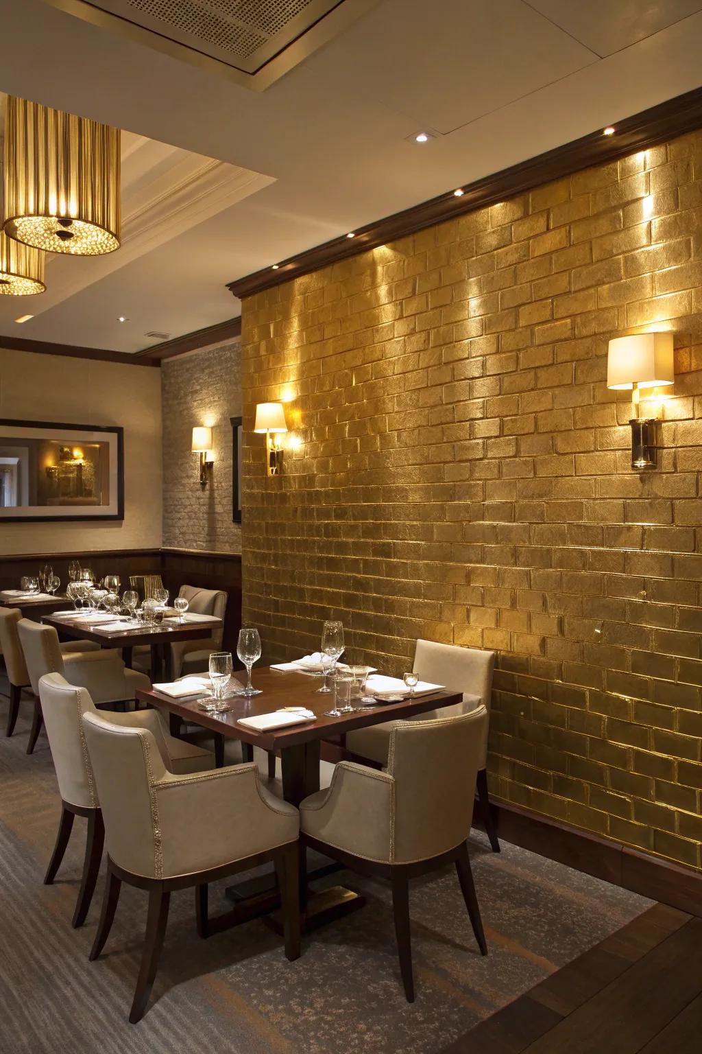 A glamorous eating space featuring a metallic gold brick wall.