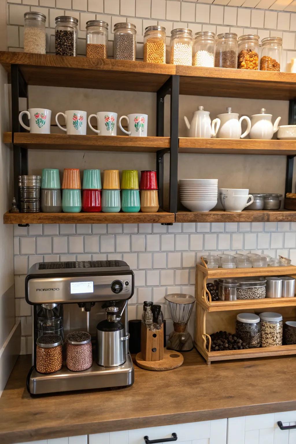 Hanging shelves include openness and show off your selected cups beautifully.
