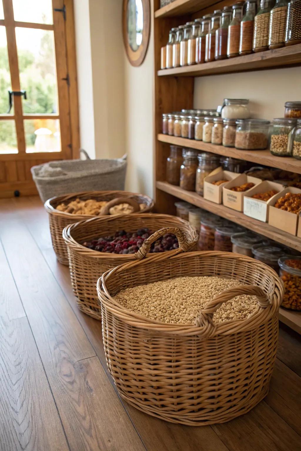 Substantial floor baskets in a pantry provide storage for mass items and effortless access.
