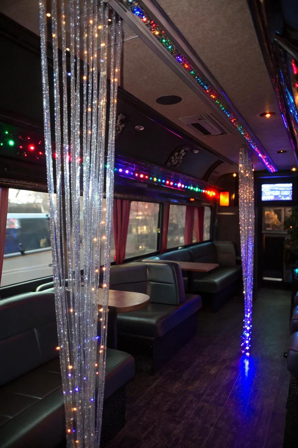 Decoration curtains add sparkle and glamor to the party bus.
