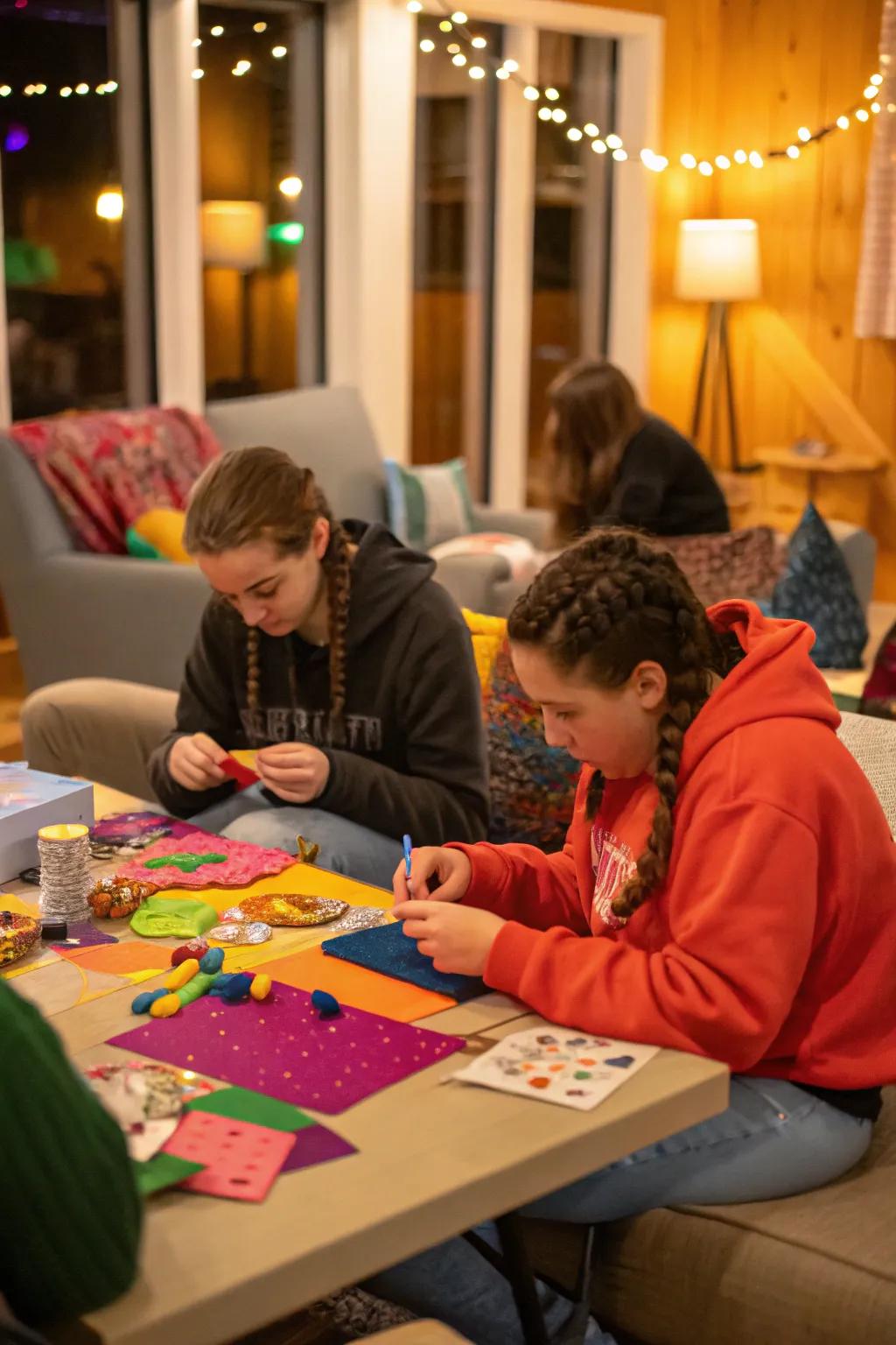 Teens fashioning unique crafts during a craft-your-own crafting evening.