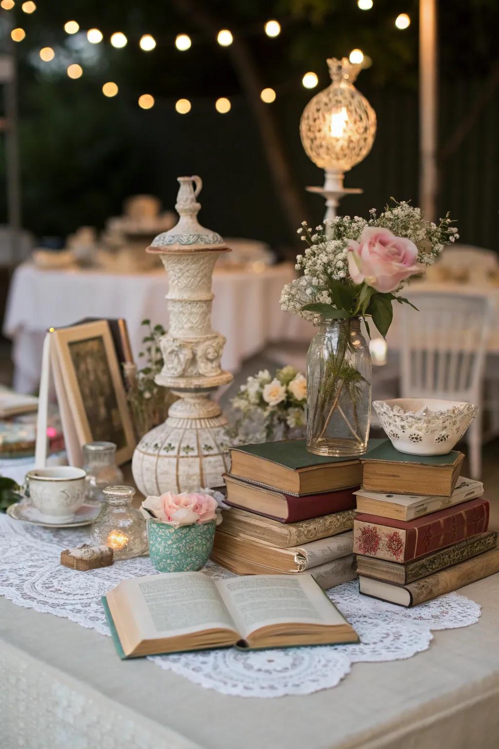 Unconventional materials such as books adding character and intrigue to the centerpiece