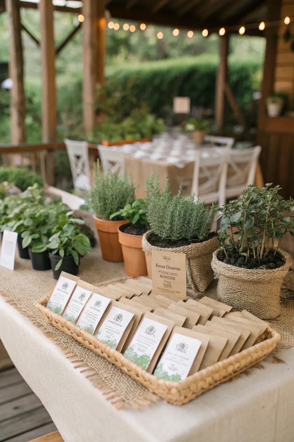 Environmentally conscious wedding favors beautifully exhibited.