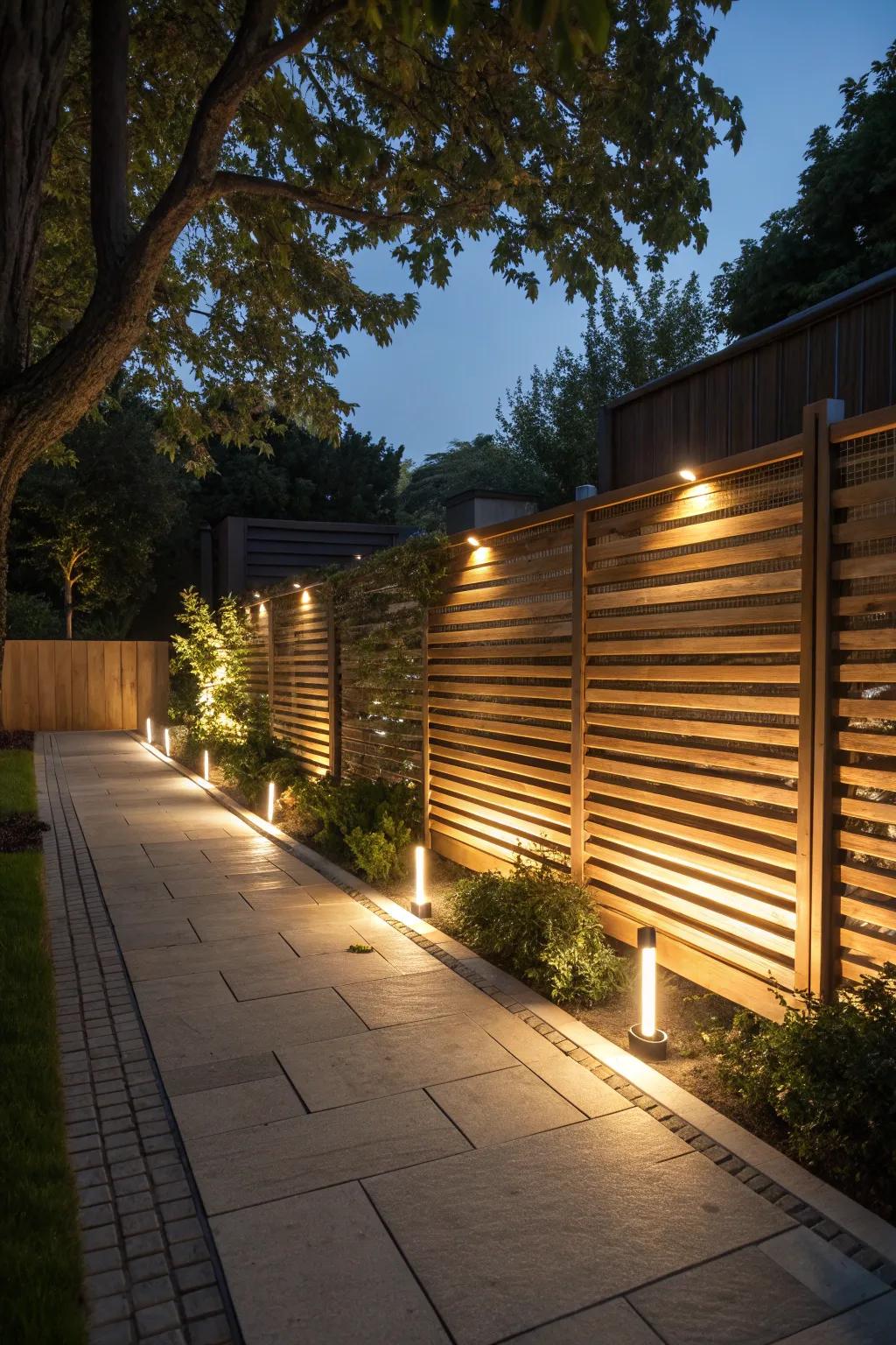 Lighting metamorphoses slatted fences into evening highlights.