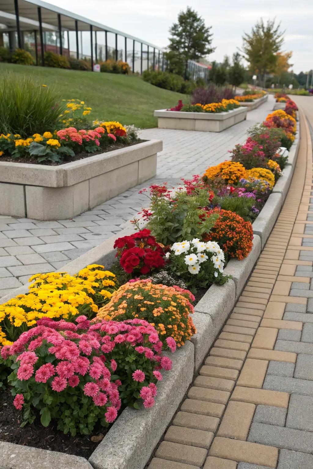Spotlight seasonal blooms with colorful paver beds.