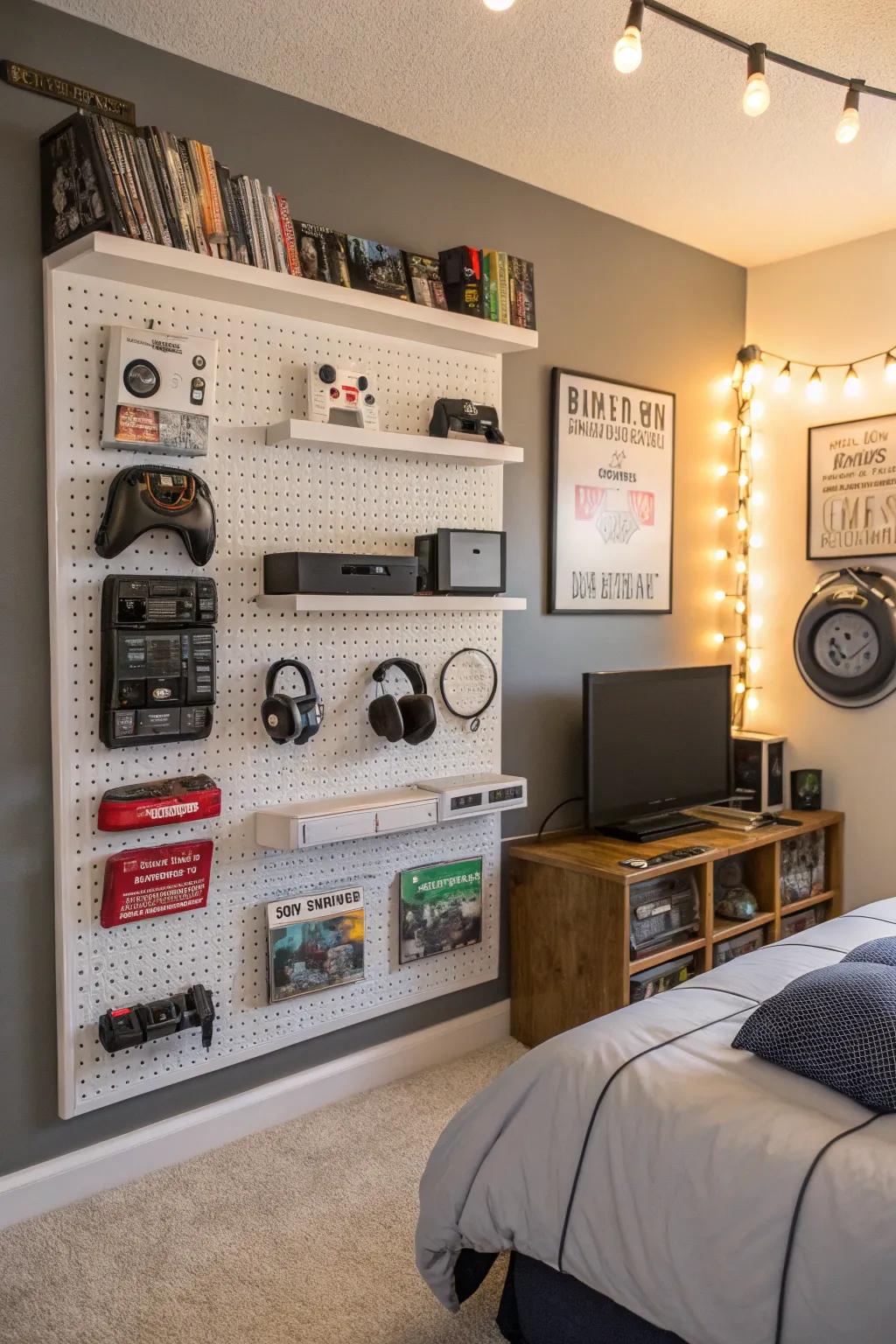 Keep your gaming gear tidy with a pegboard.