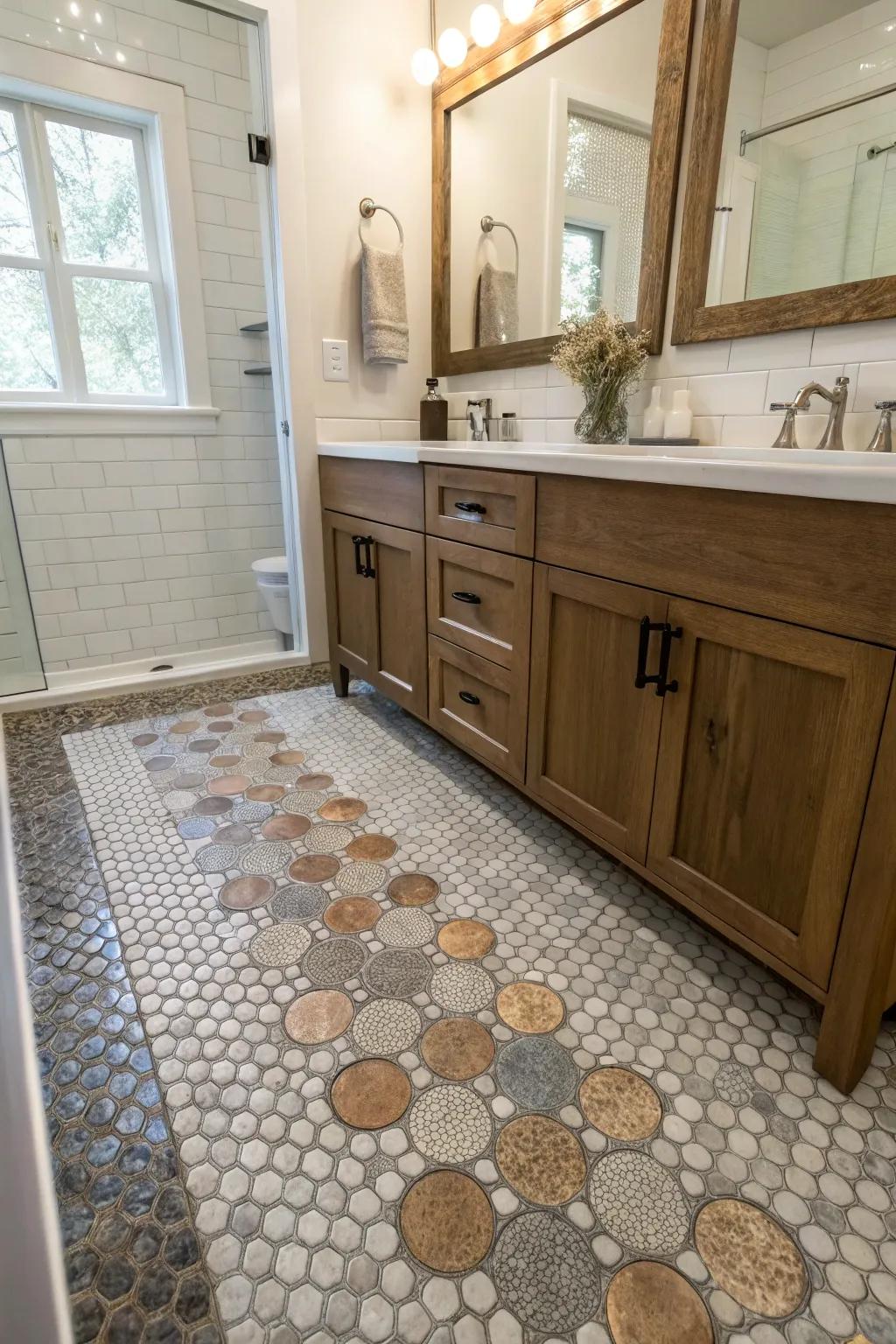 Fusion and cohesion of fabrics with penny rounds for infused profundity.