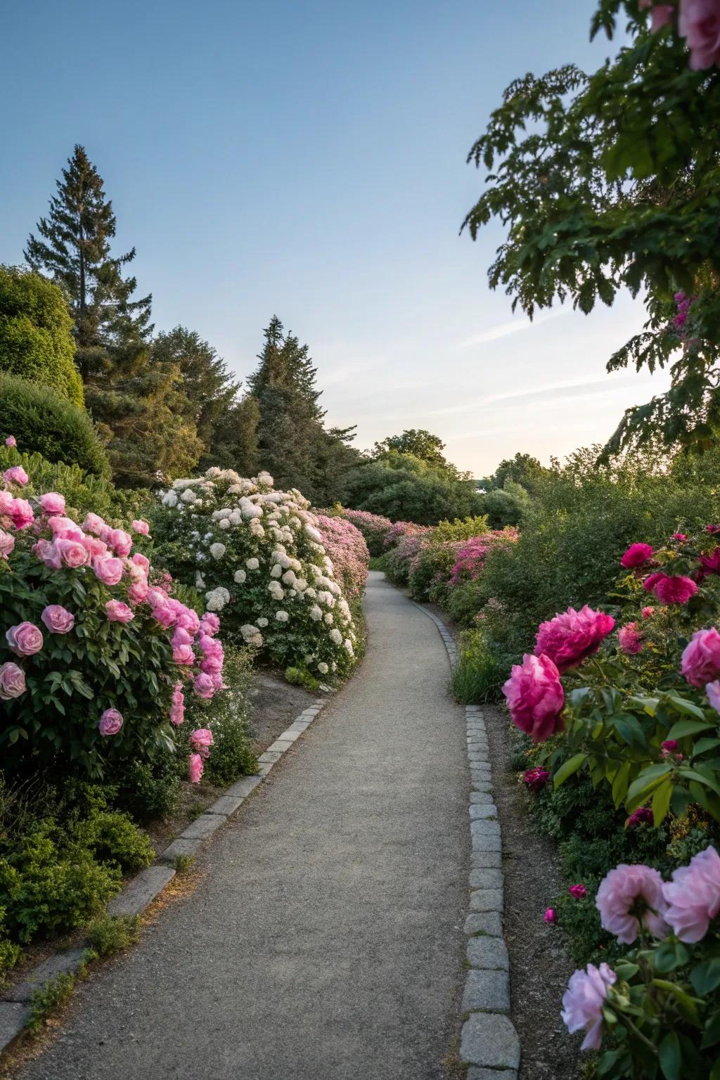 Peonies lining a pathway, conceiving an alluring garden adventure.