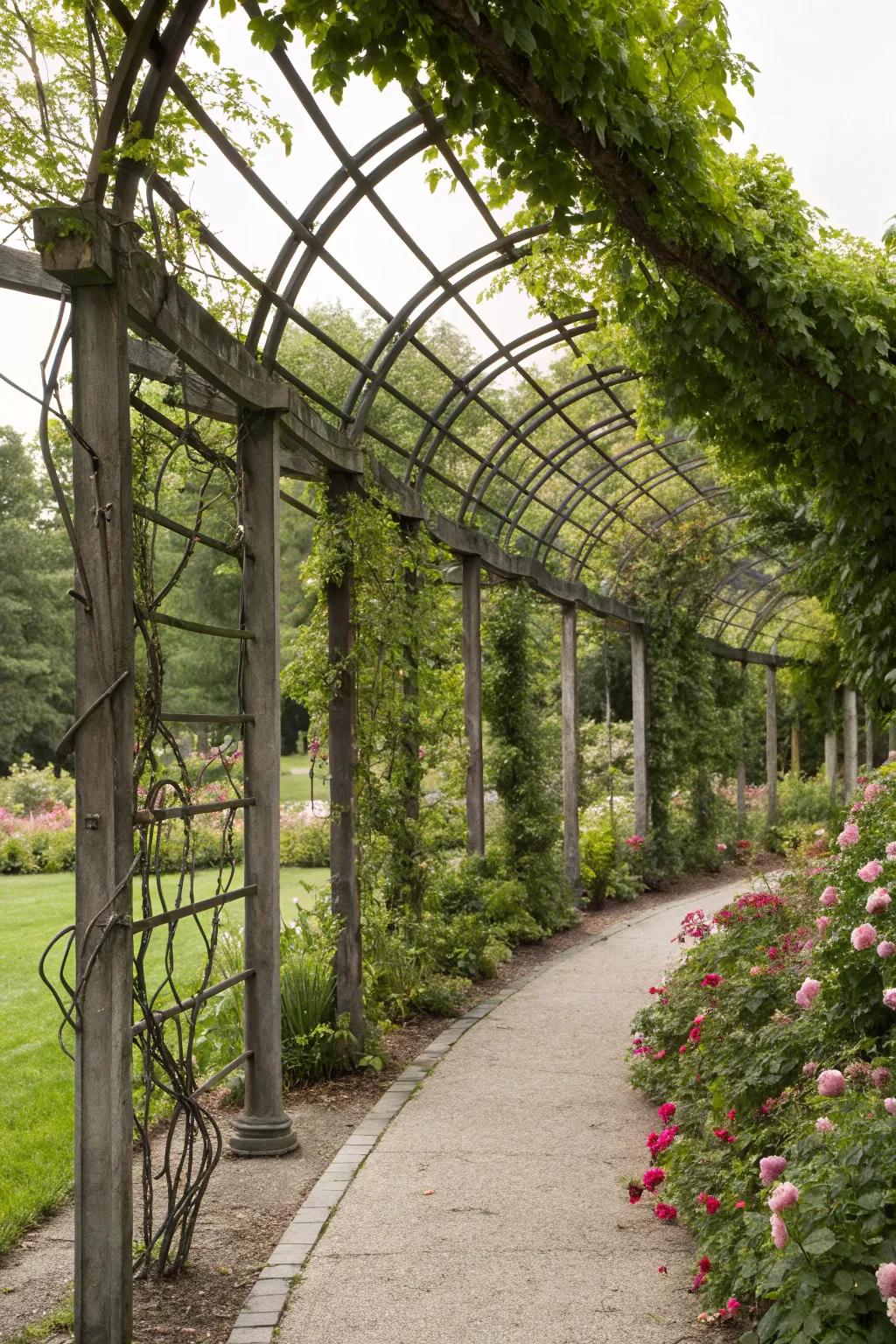 Metal frameworks contribute architectural intrigue and bracing for greenery.