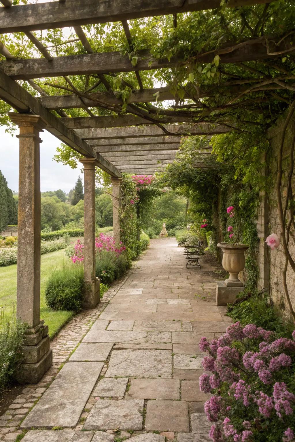 A stone floor imparts a rustic, enchanting appeal to your pergola.