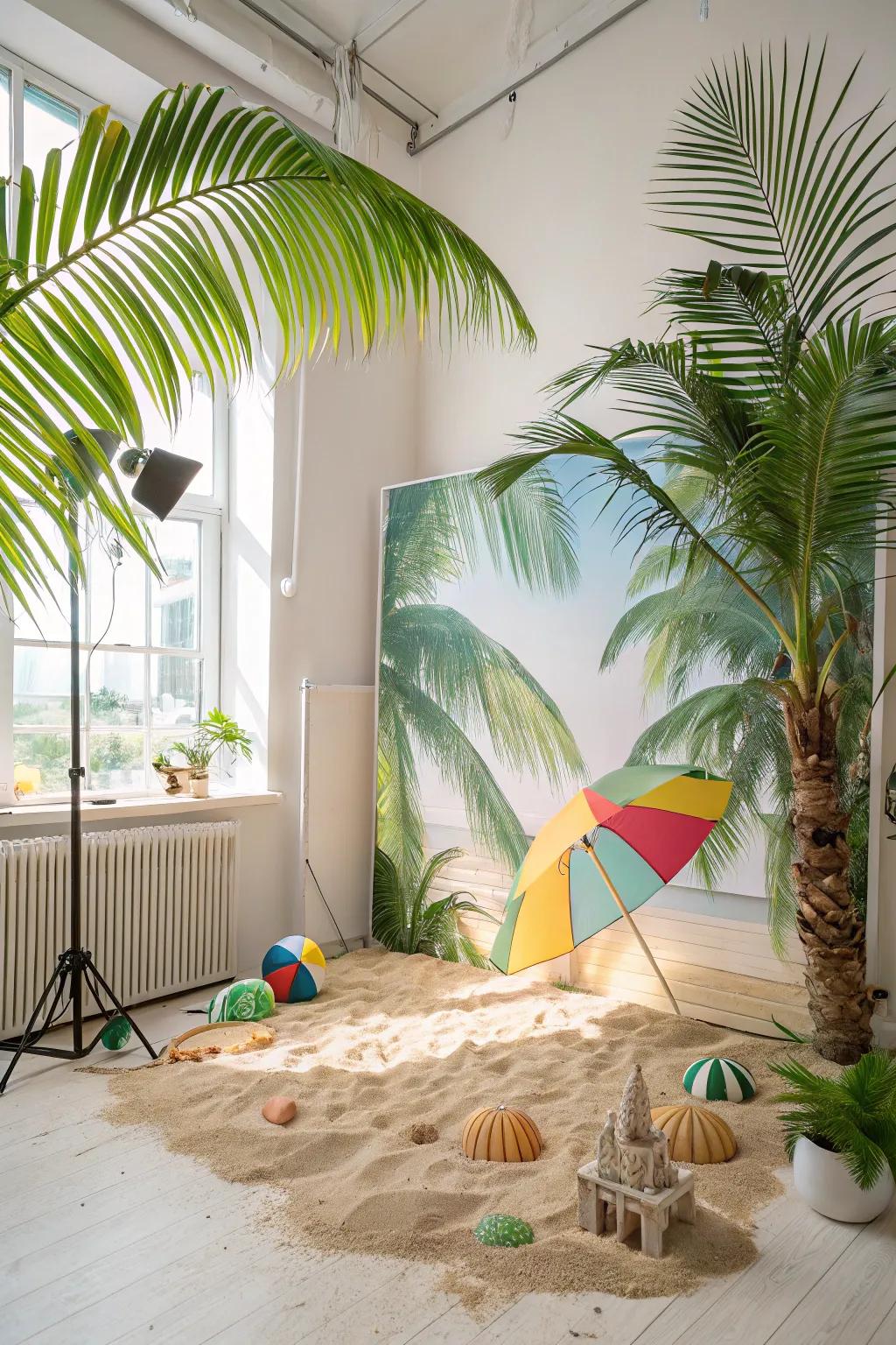 A shore-themed backdrop carries a cheerful, tropical aura to photographs.