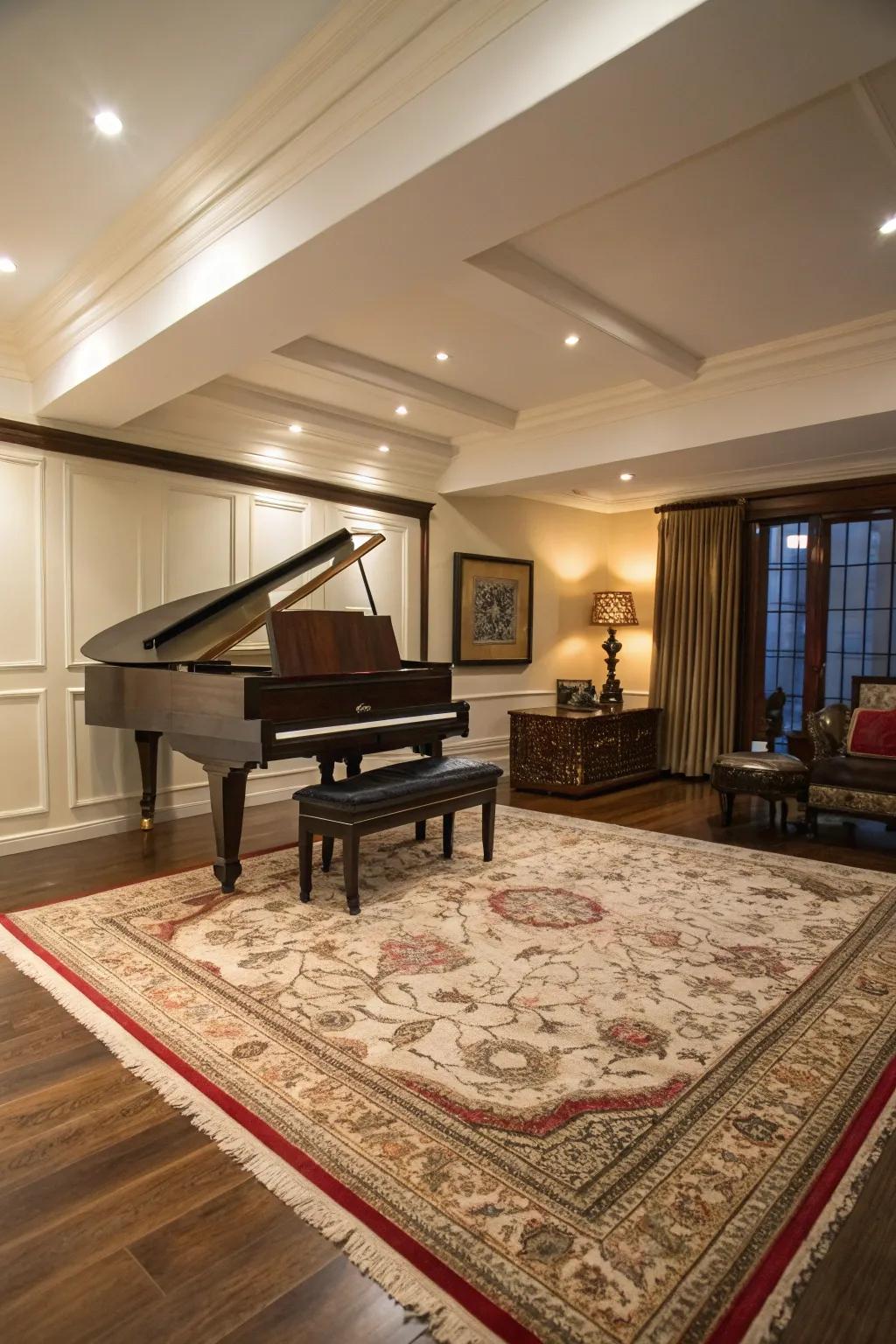 A statement ground covering introduces warmth and unifies the room's design.