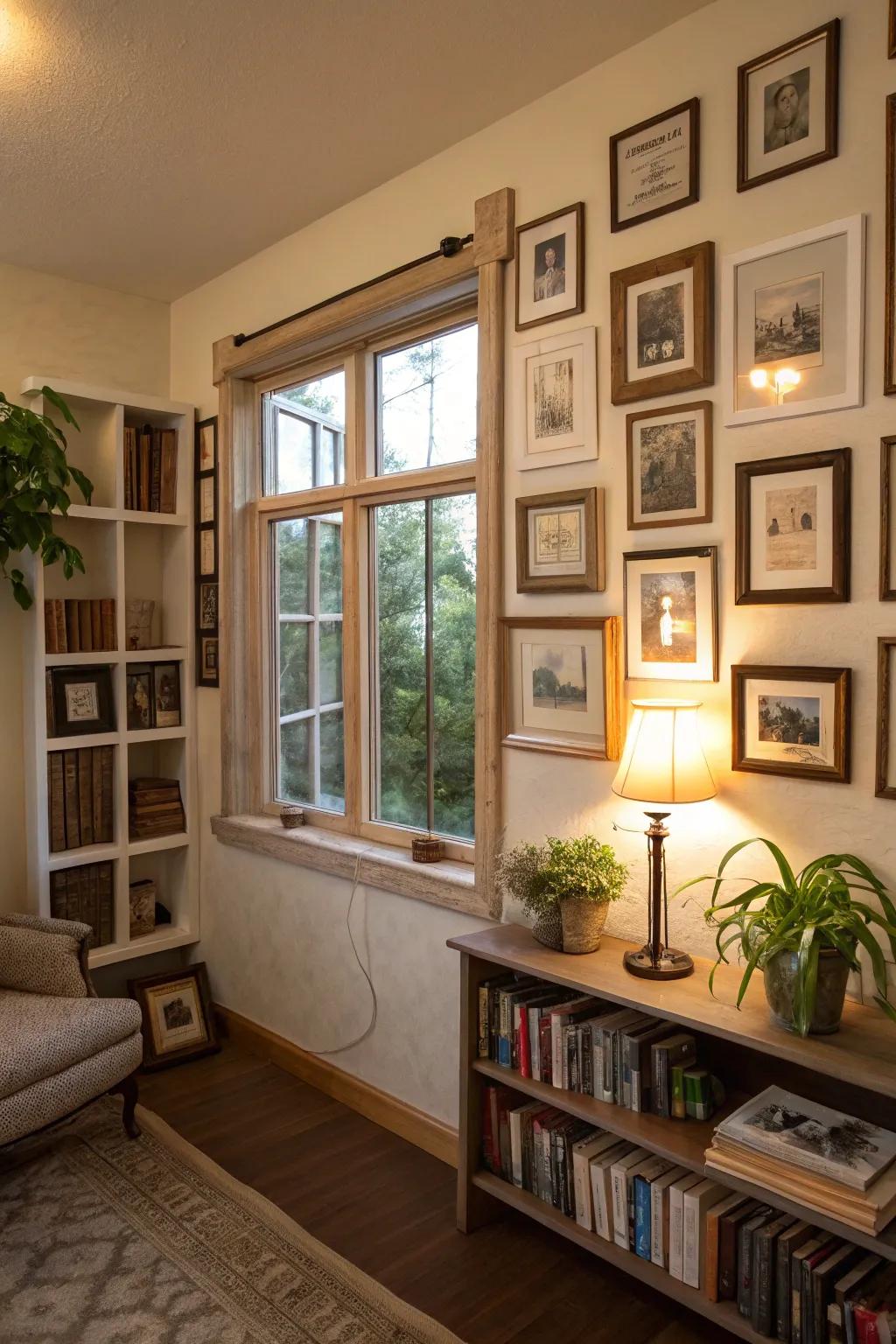 Frames arranged to resemble a window have the ability to visually expand your space.