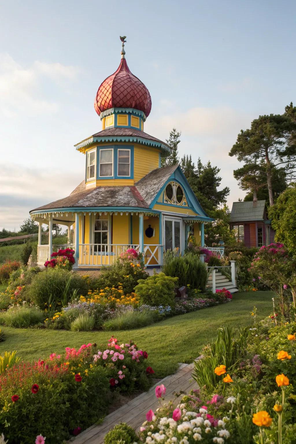 A house featuring a vividly painted cupola, injecting a playful accent.