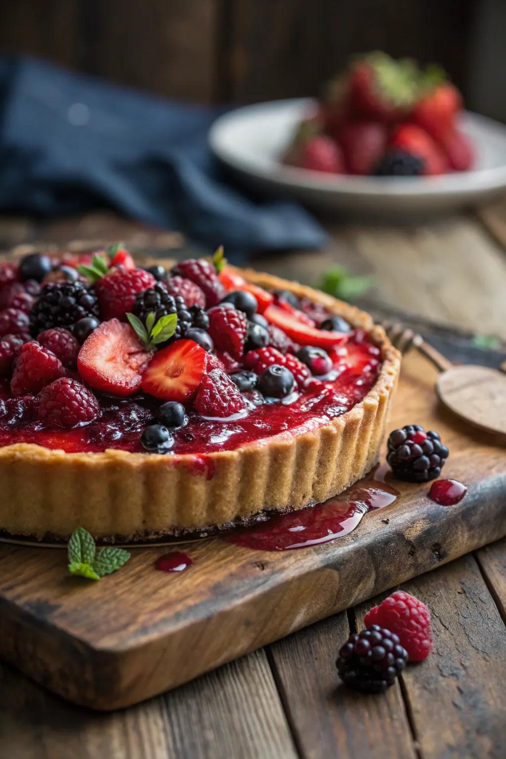 A pie elevated with a vibrant berry sheen.