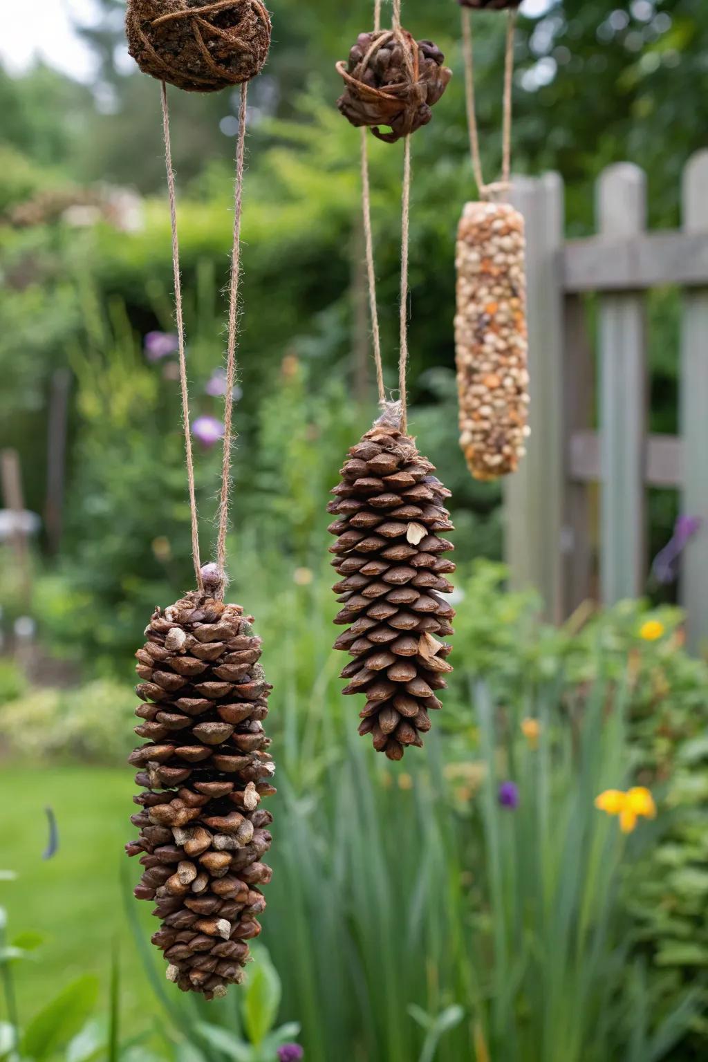 Pinecones are easily converted into welcoming bird feeders.