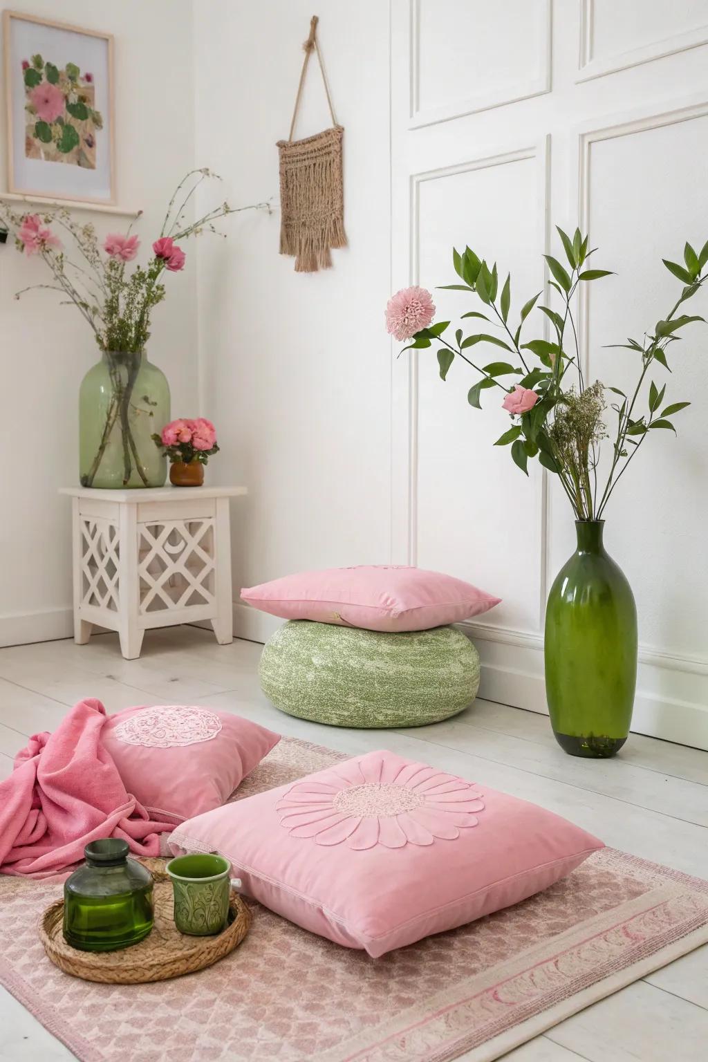 Minimalist pink and green decor creates a refined look.