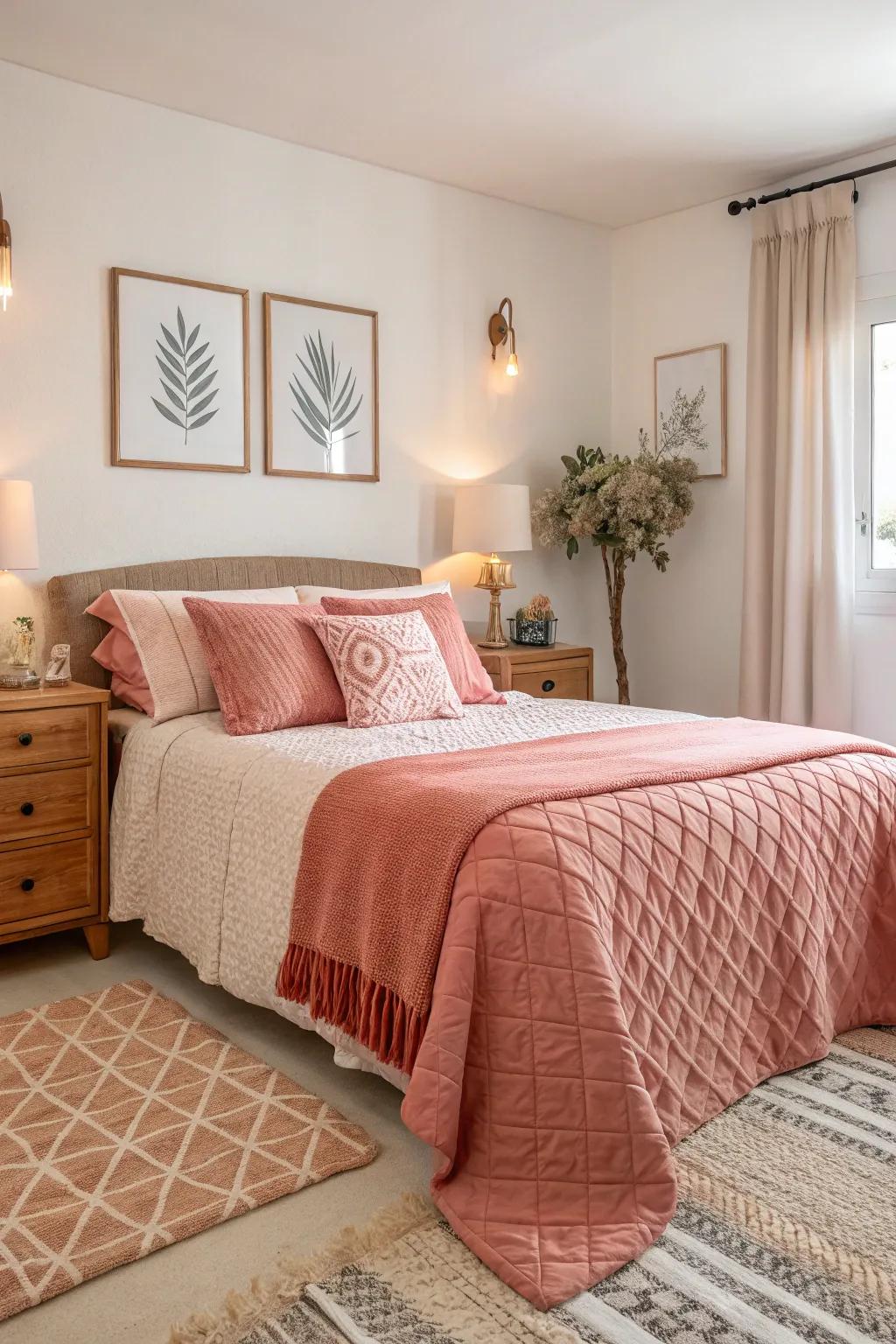 Sea fan kiss and ivory tones bring energy and balance to your bedroom.