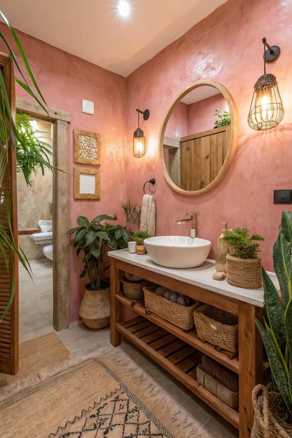 Warm rose stucco walls provide unique texture.