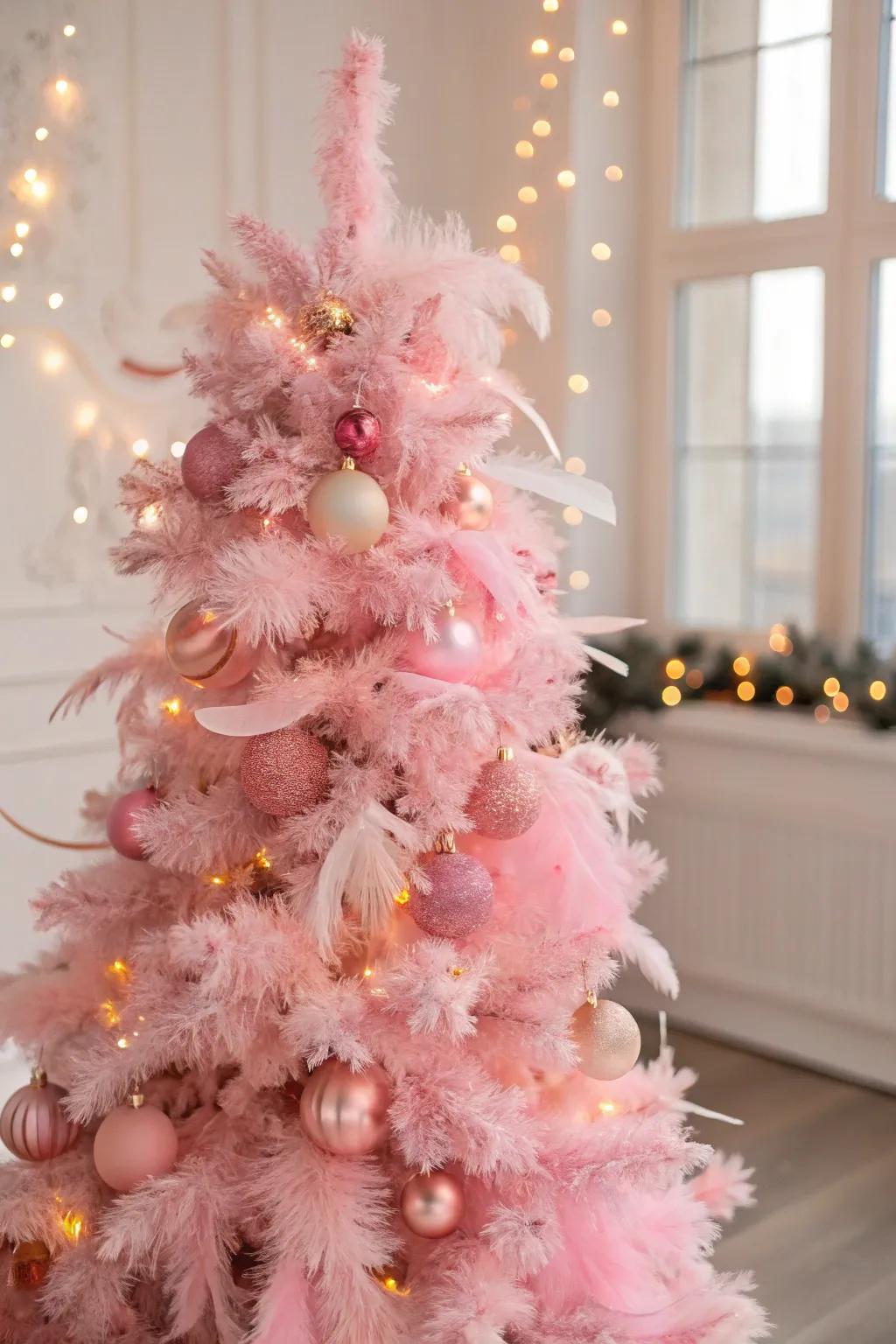 Feather garlands affix a hint of whimsy to this sophisticated tree.