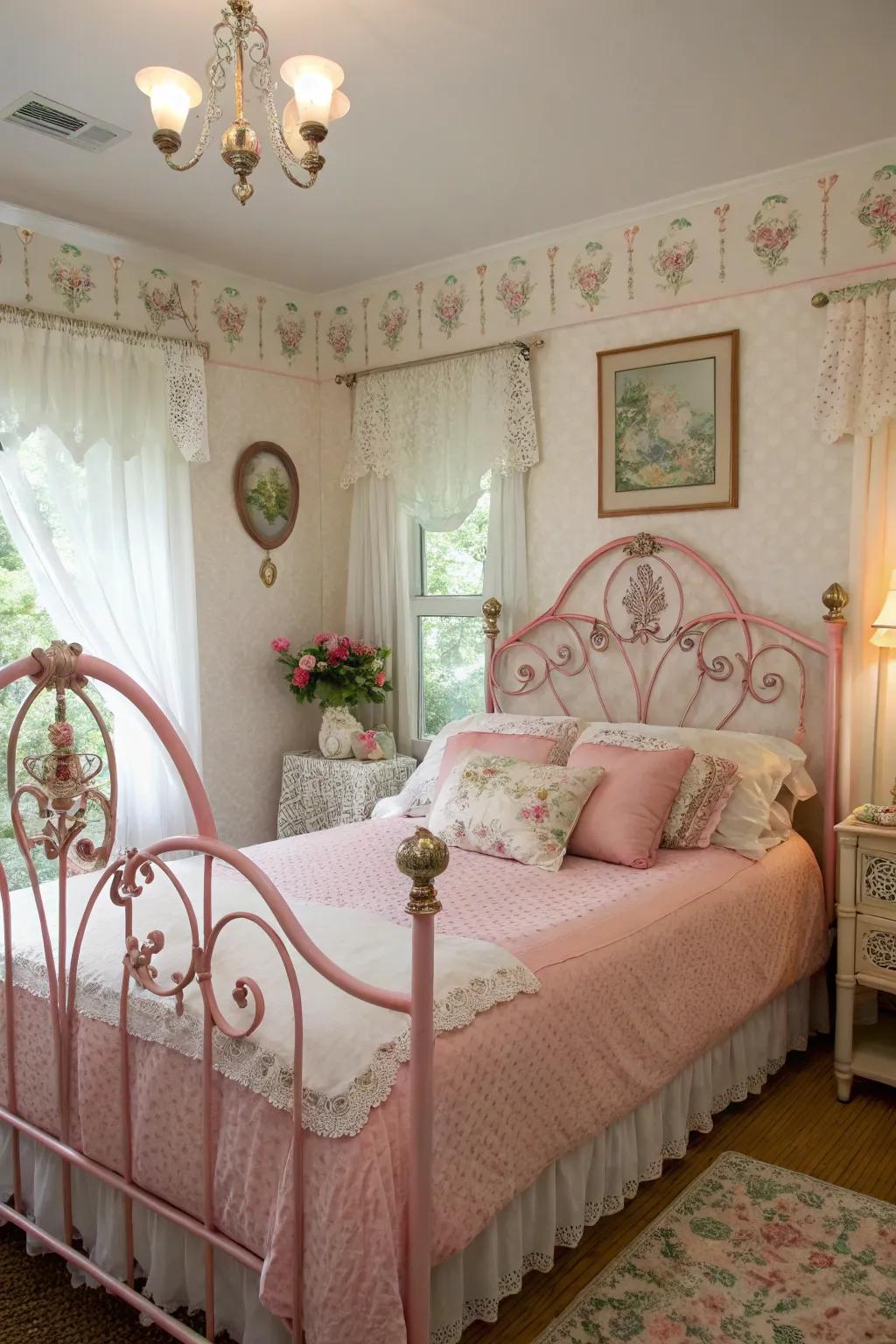 A romantic and vintage room with a metal work headboard in a rosy tone.