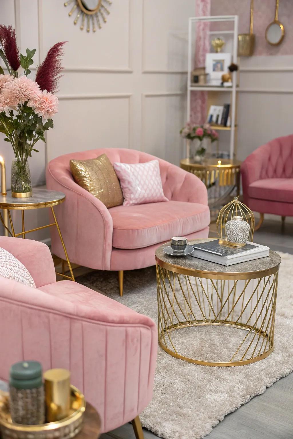 Rose and metallics establish a glamorous and elegant visual.