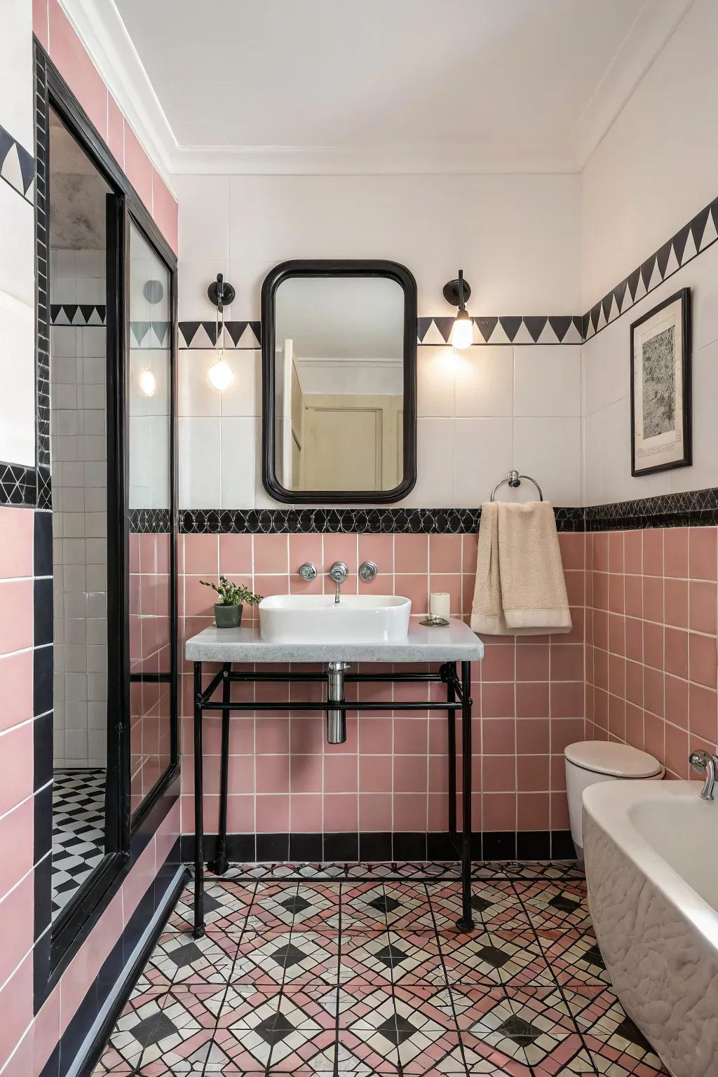 A retro bathroom with pink and black tiles.