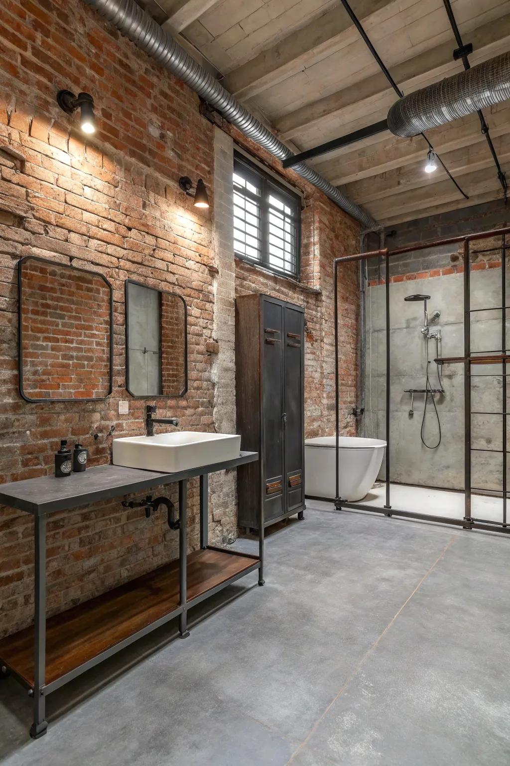 Industrial elements infuse bathrooms with a bold, modern essence.