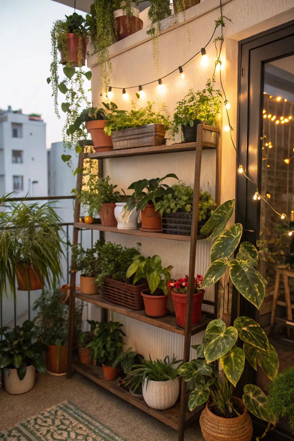 Tiered shelves furnish supplementary expanse for flora and ornamentation upon this plant ledge.