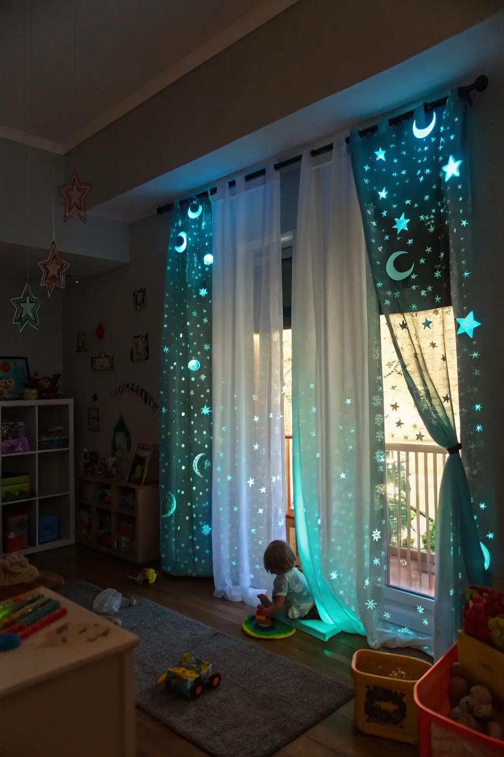Luminous curtains conjure a magical nighttime ambiance.