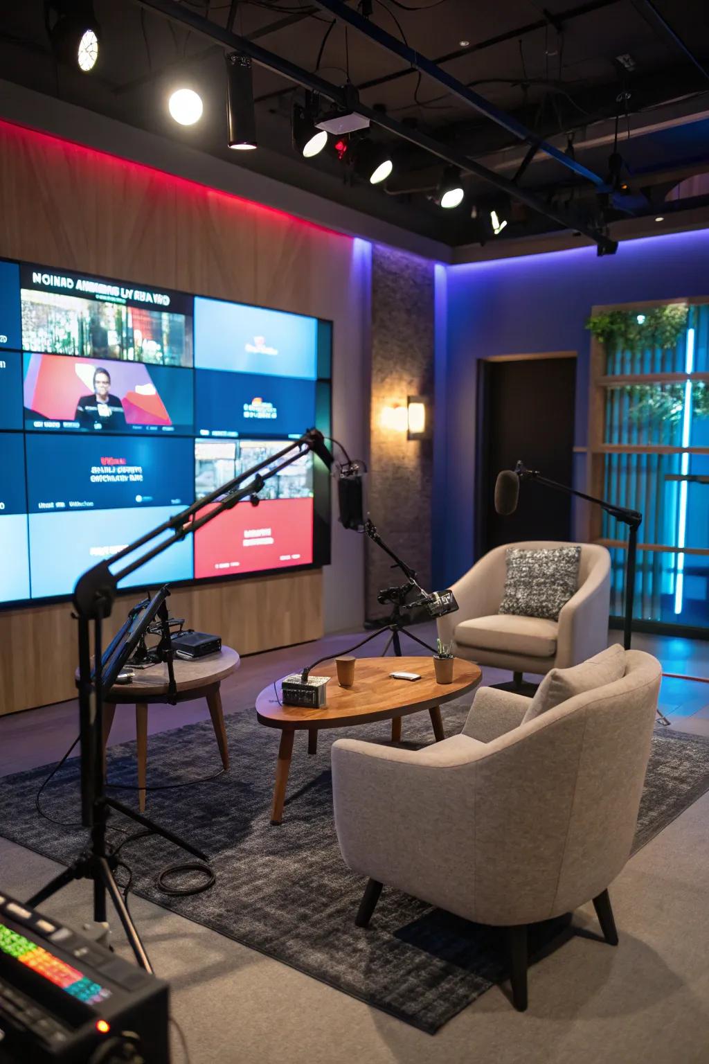 A podcast studio with a dynamic digital background.