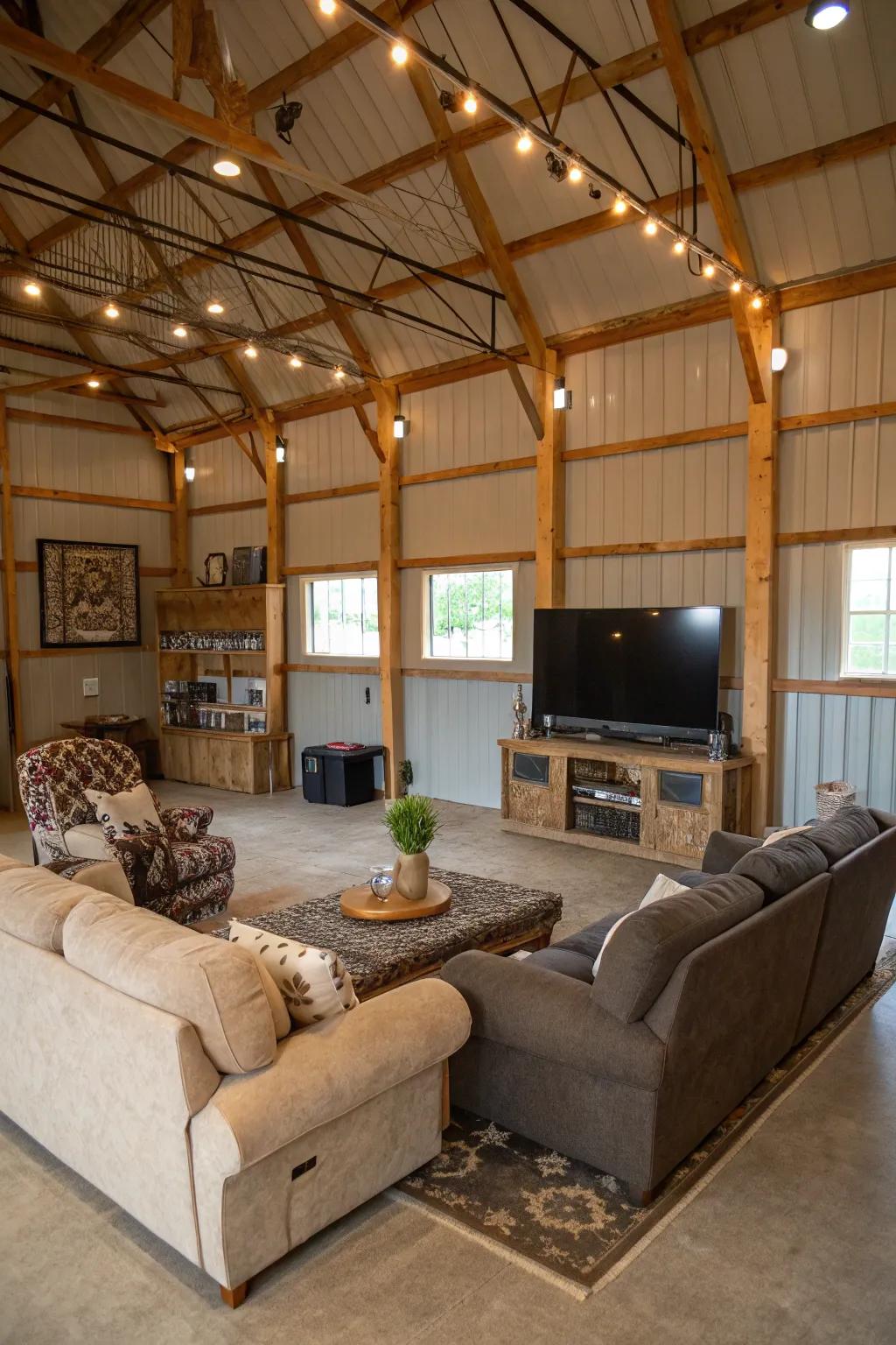 A family fun zone inside a pole barn, with a viewing area and comfy seating.