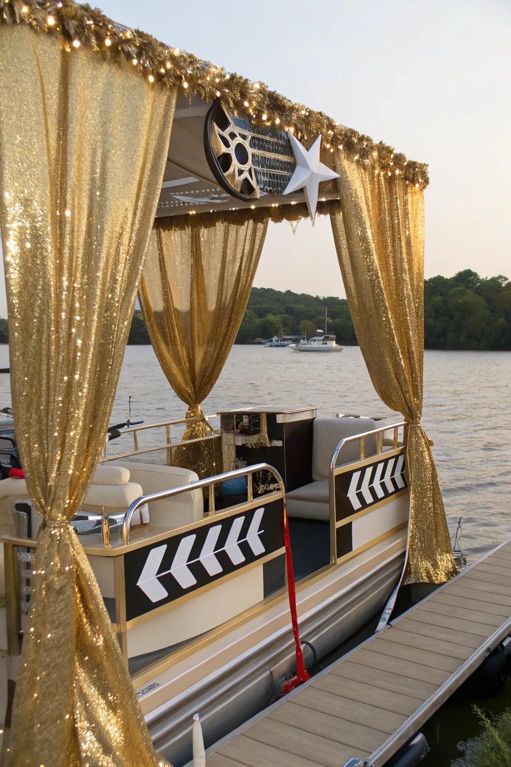 A Film World-themed pontoon boat sparkling with glamour and glitter.
