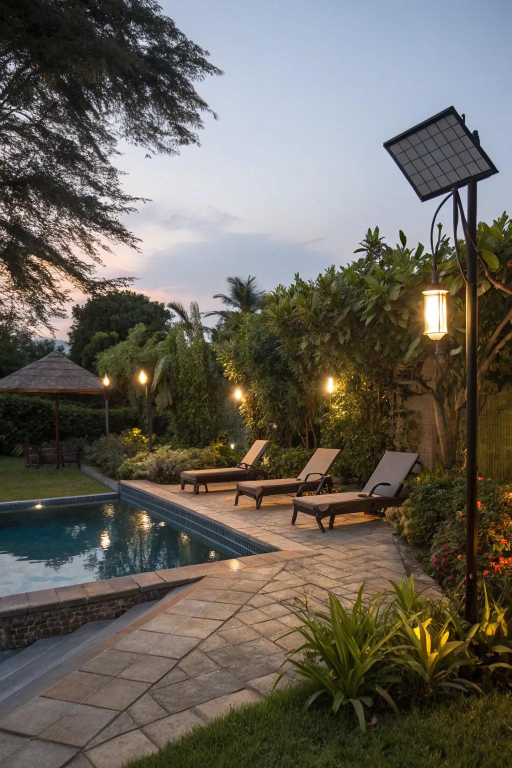 Solar illumination grants sustainable lighting for your pool zone.