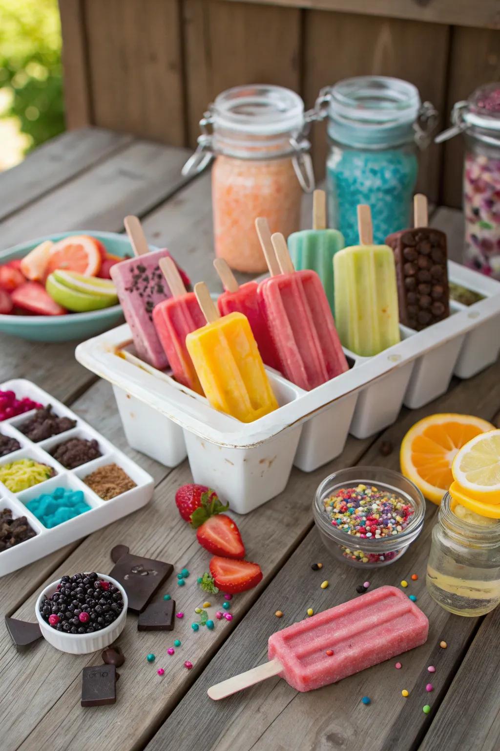 A popsicle station offers cool, customizable treats.