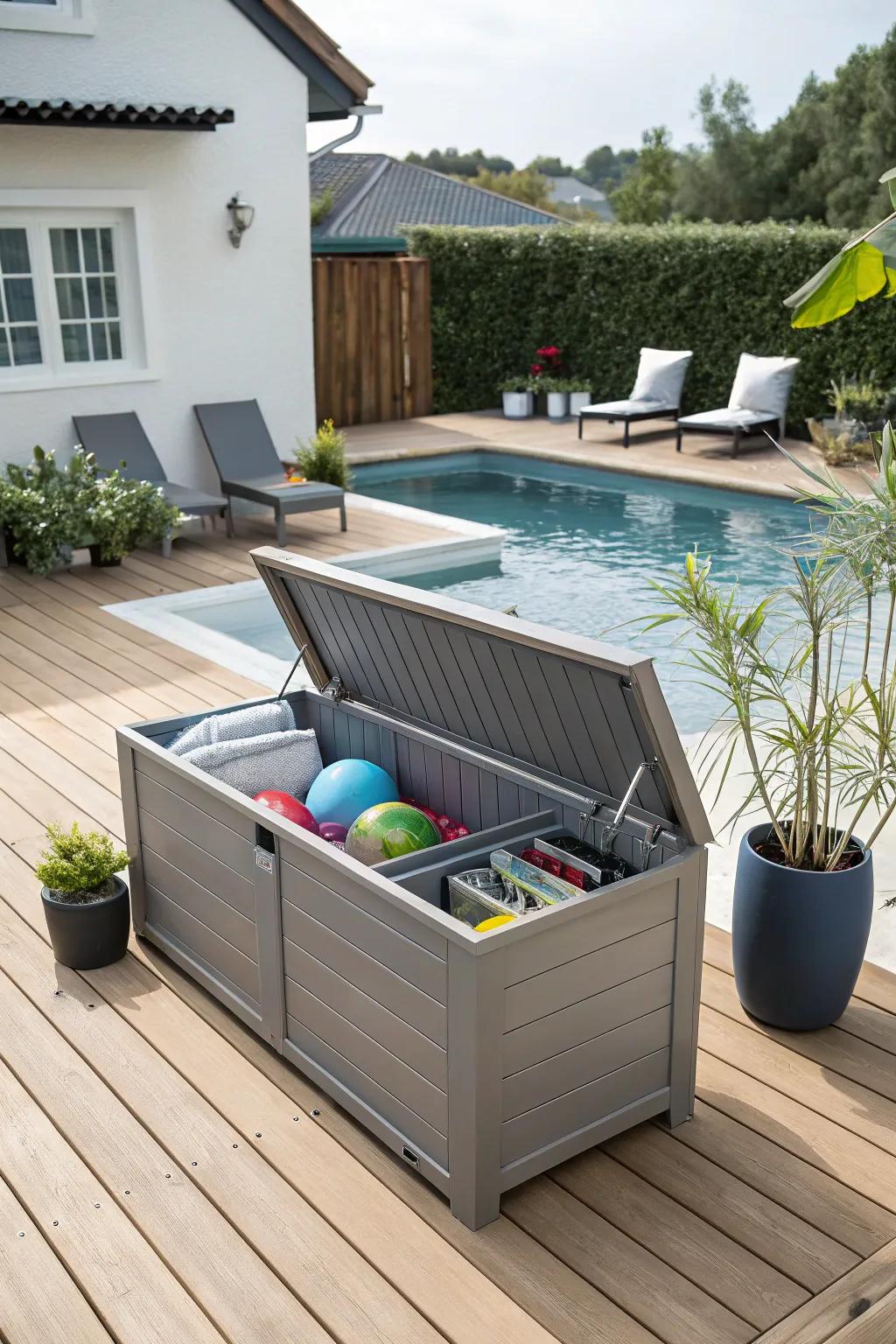 Deck enclosures furnishing discreet storage and additional seating.
