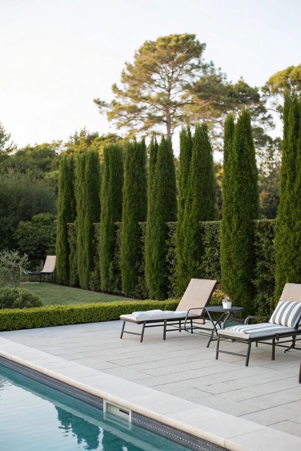 Green borders offer privacy while enhancing the natural beauty of your pool area.