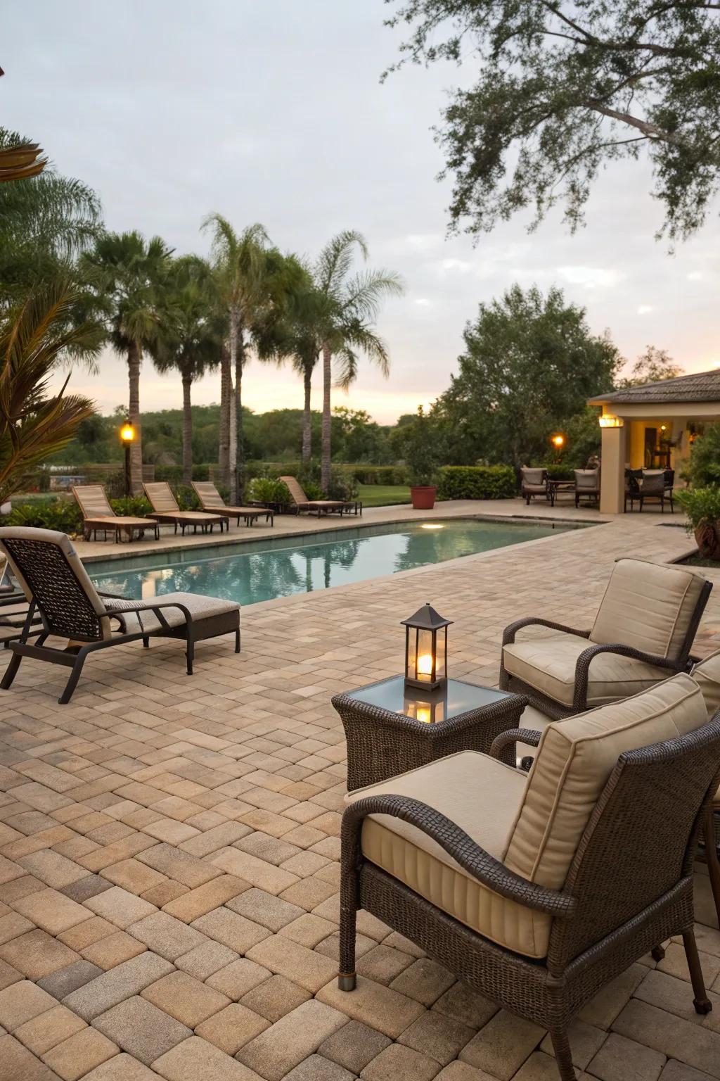 Warm tones create a welcoming atmosphere by the pool.