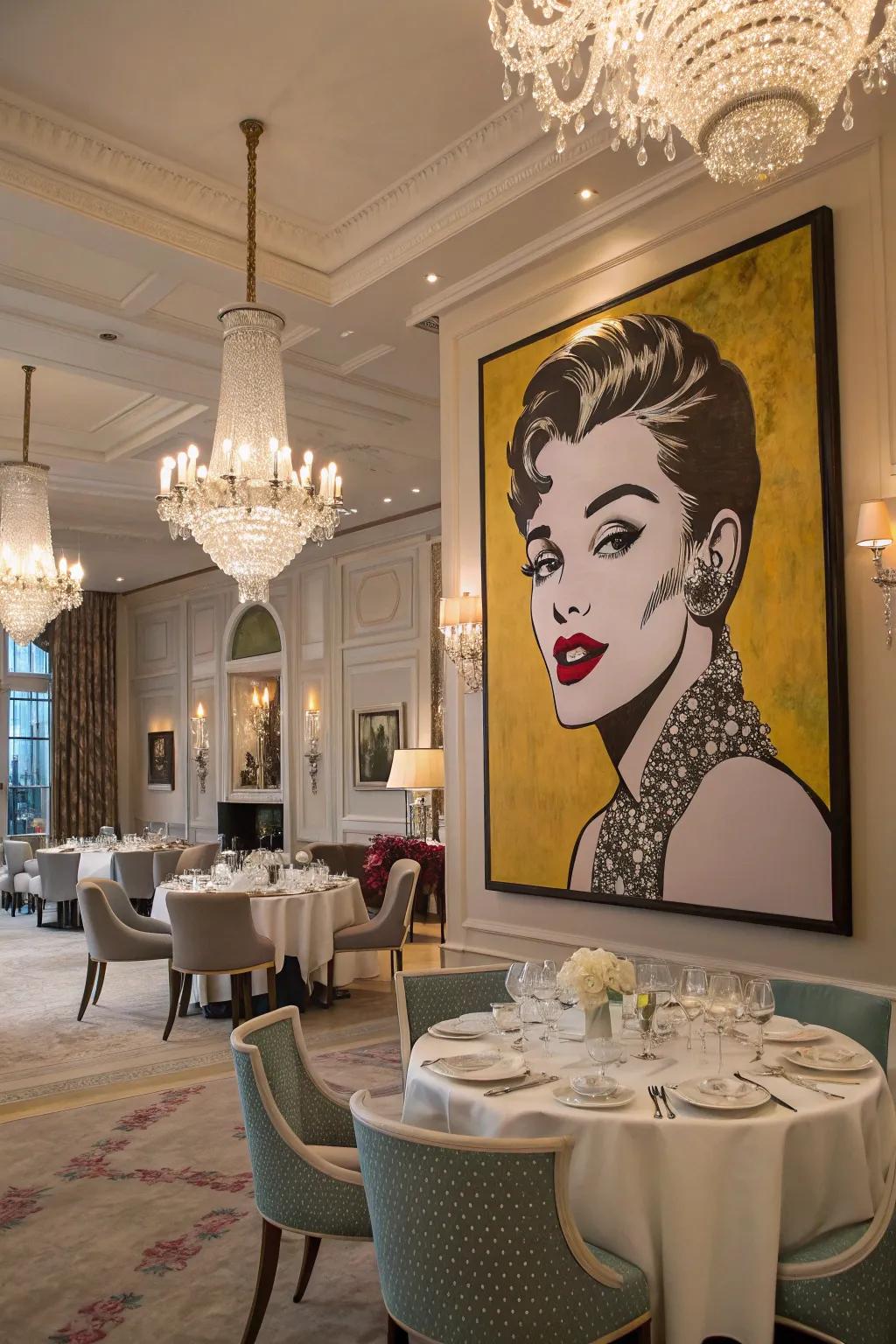 A stunning pop art painting of a fashion icon graces the dining area.