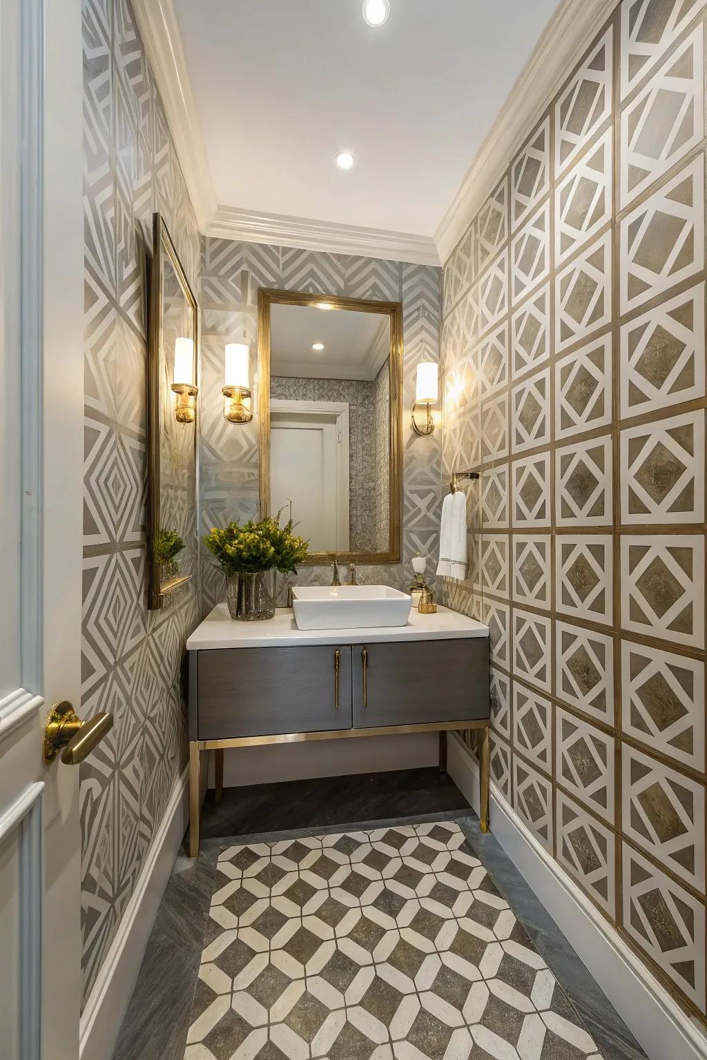 A washroom showcasing contemporary symmetrical shapes.