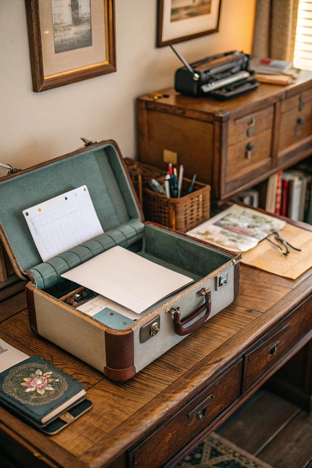 A vintage suitcase offers a charming and unique paper storage option.