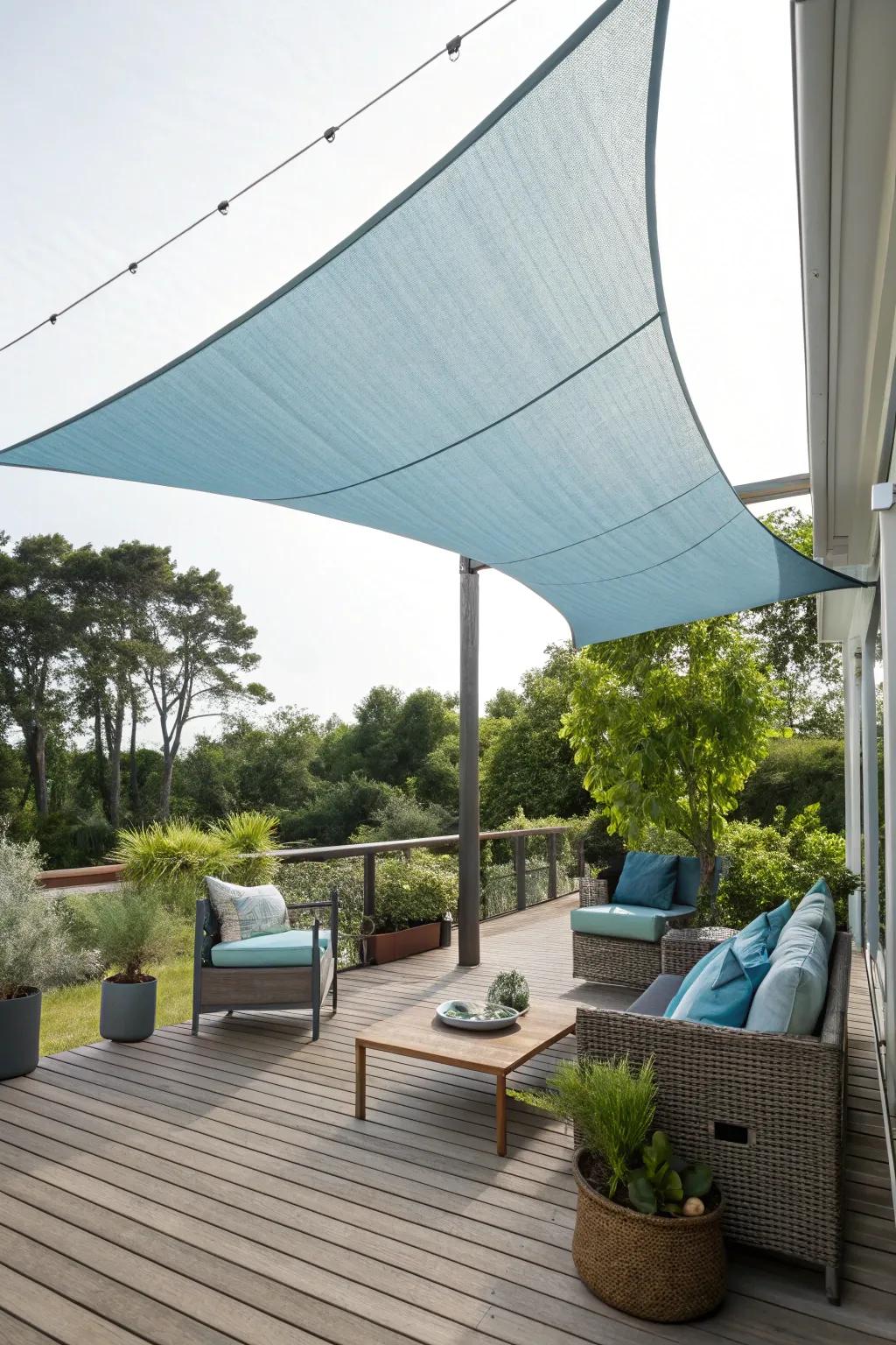 A chic shade sheet offers overhead seclusion and aesthetic on a deck.