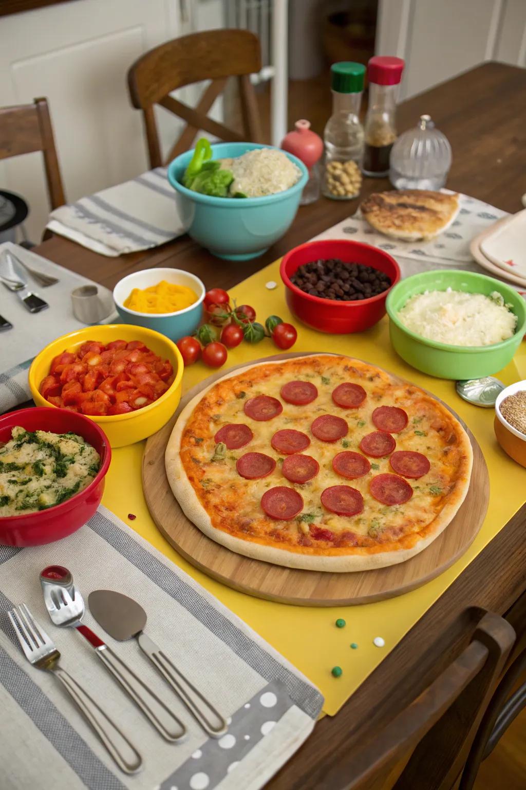A dining table with a DIY pizza setup, showcasing various ingredients and freshly baked pizzas.