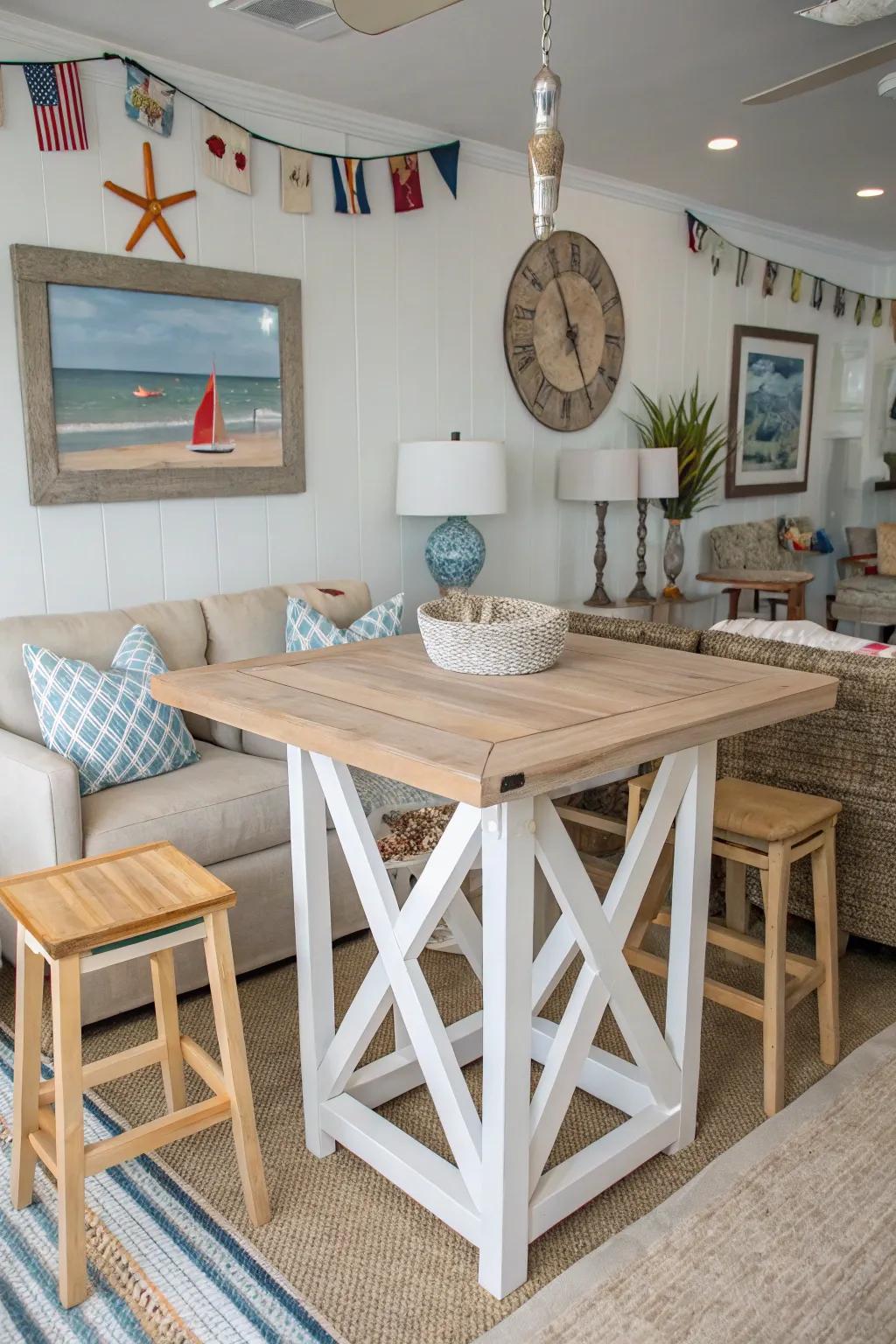 Design a seaside escape with coastal standing-height tables.