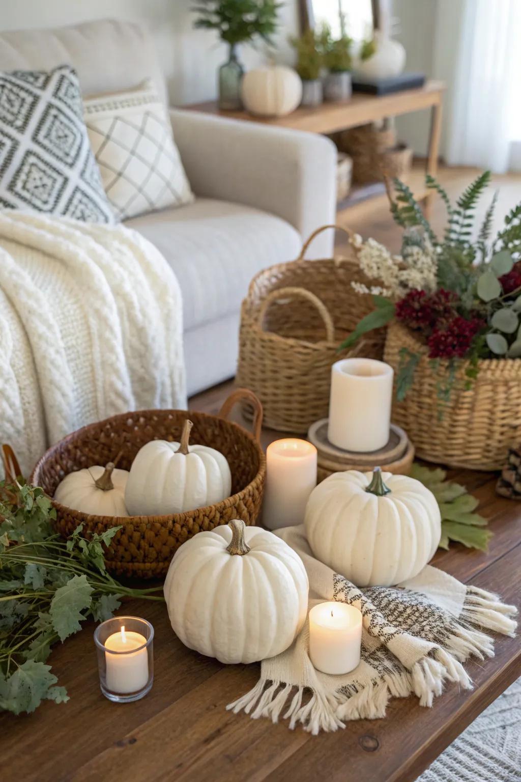 Bohemian sophistication featuring cream pumpkins and neutral shades.