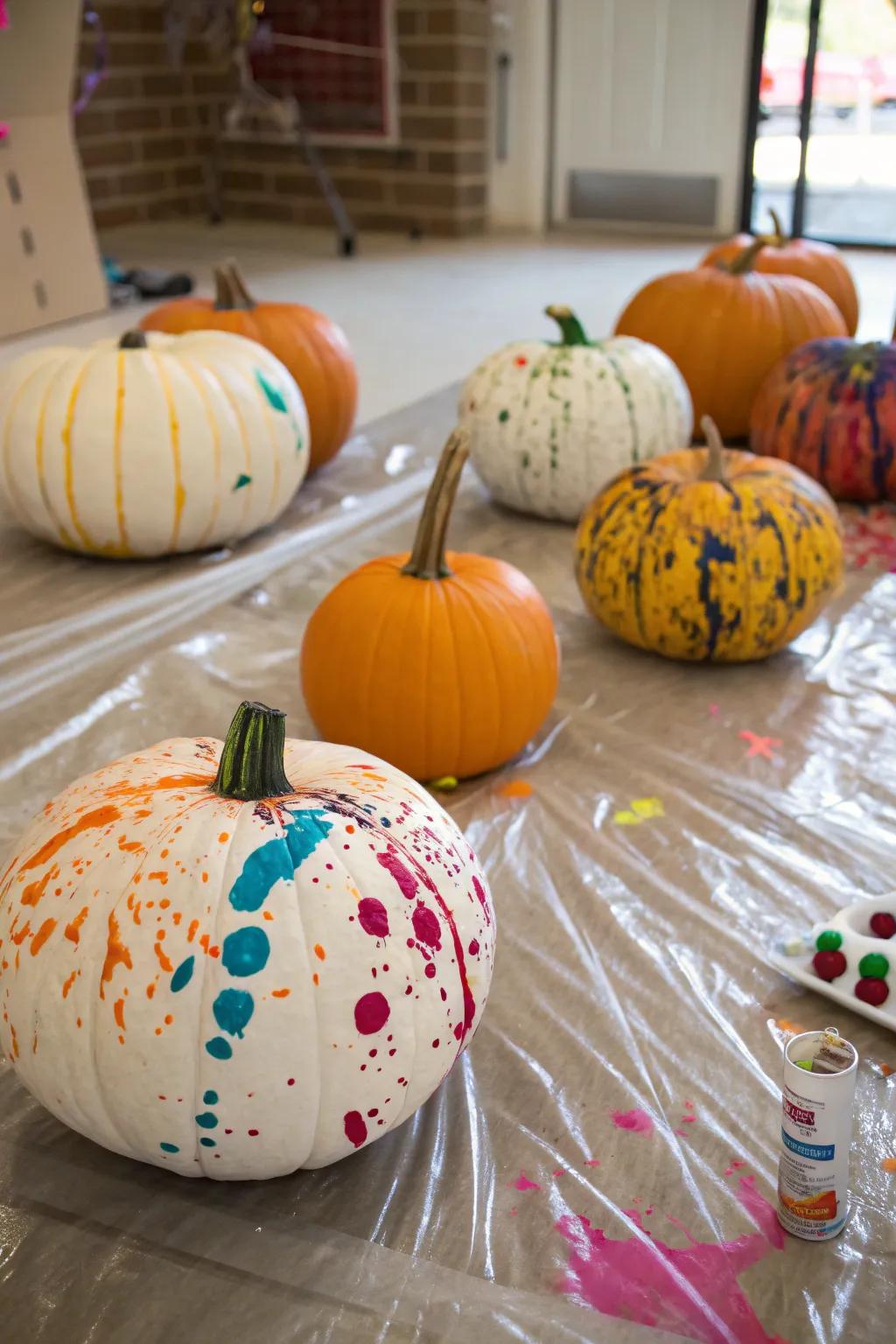 Splatter paint pumpkins bursting with vibrant color.