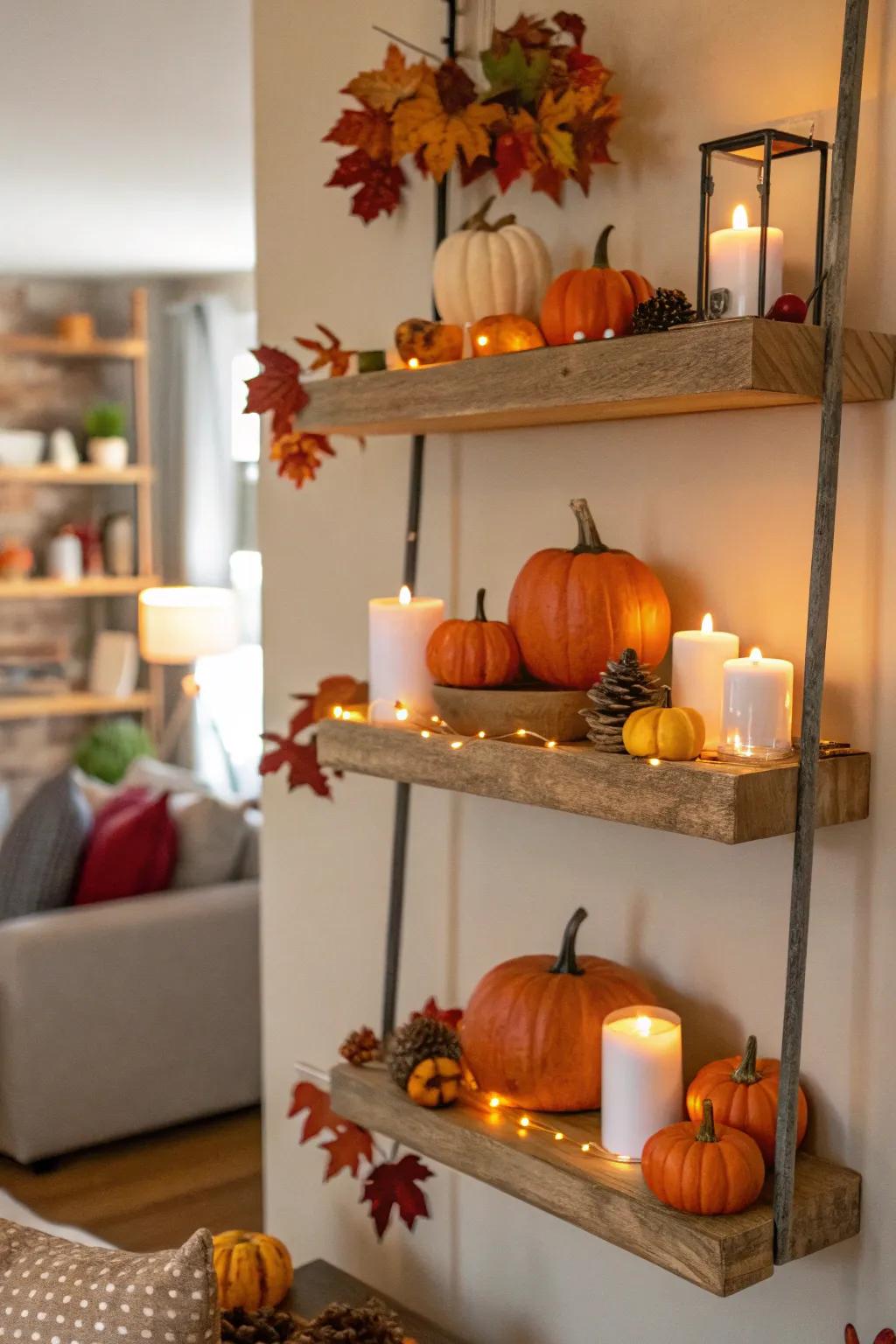 Flying ledges that support pumpkins and autumn elements.