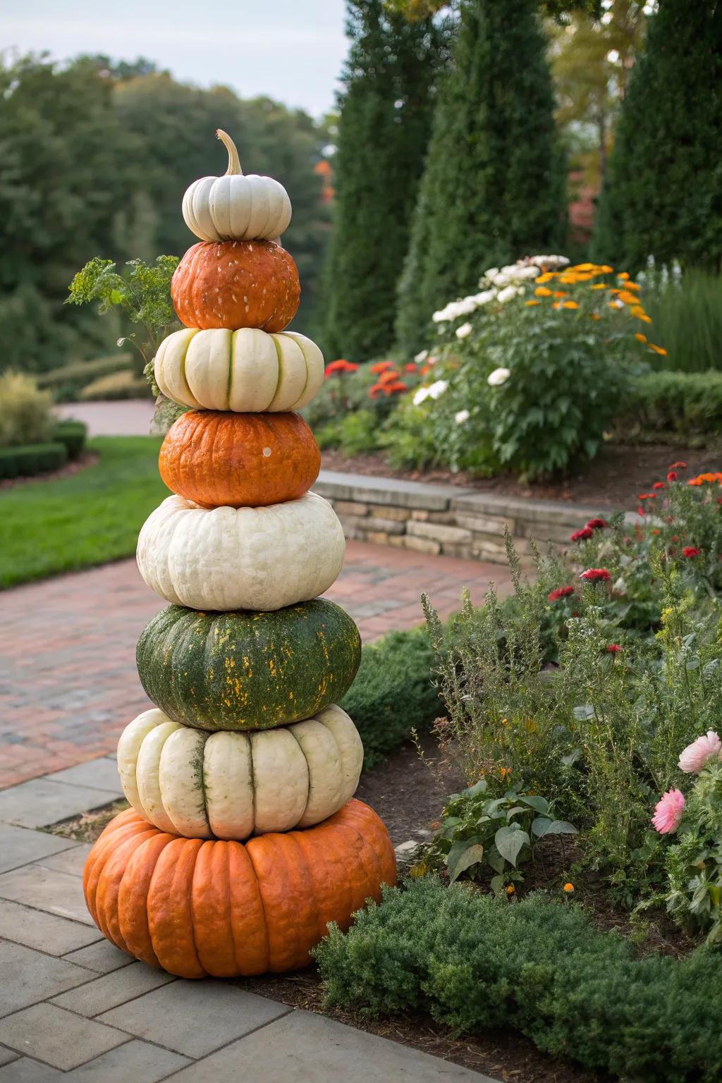 A sophisticated gourd obelisk gracing the garden.